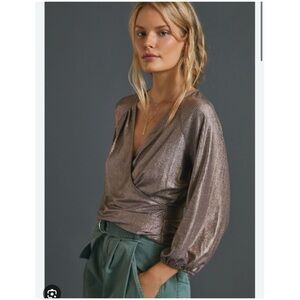 New Anthropologie Luanne Shimmer Surplice Top Blouse Medium Metallic Bronze NWT